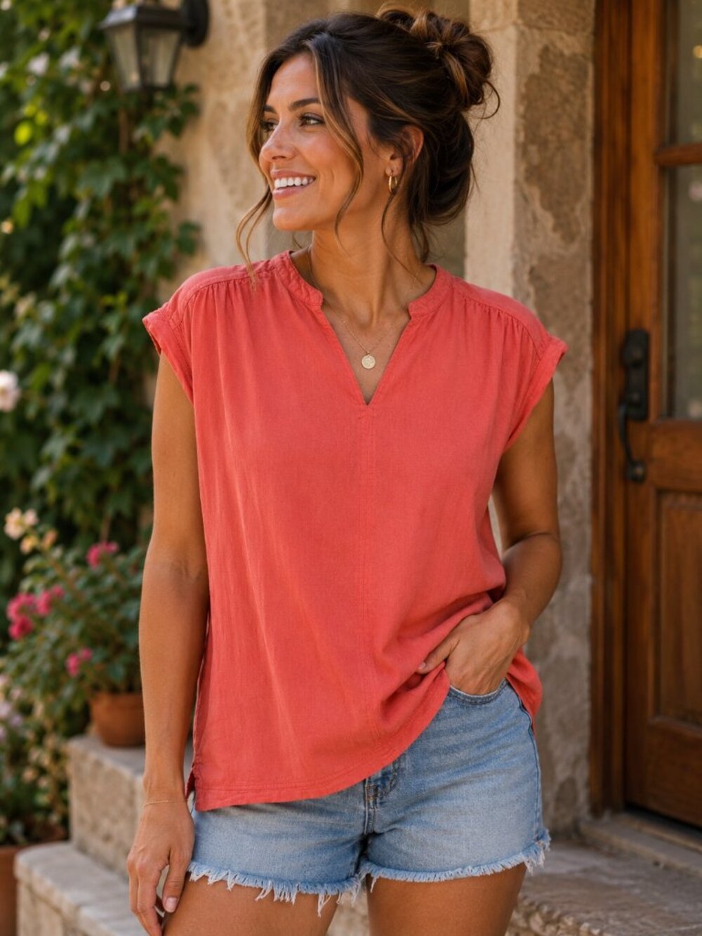 Splendid Coral Linen Viscose Blend V-Neck Cap Sleeve Blouse Medium